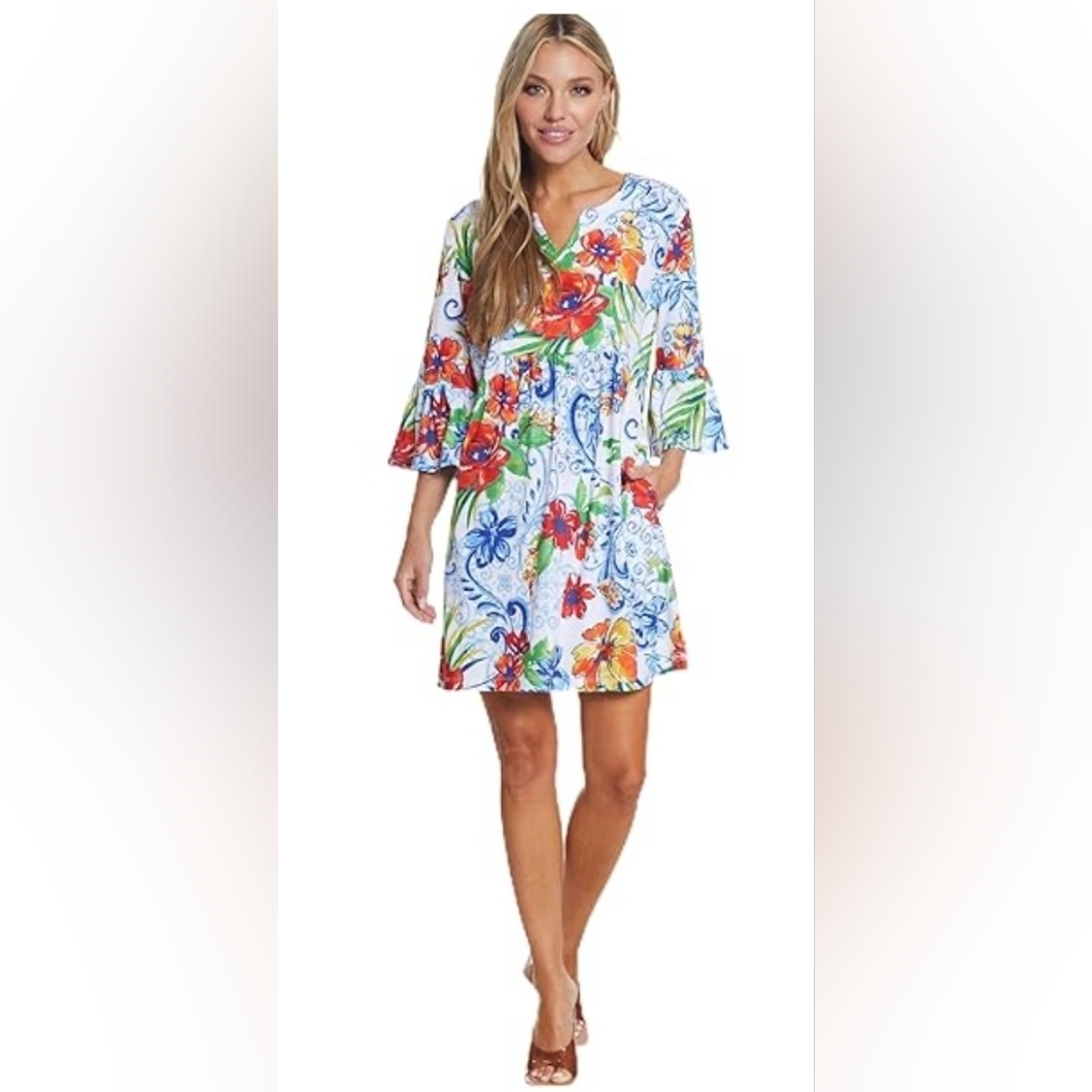 Multiples Nwt Colorful Floral Dress 2x3/4 Sleeves Flouncy Sleeves Side Pockets